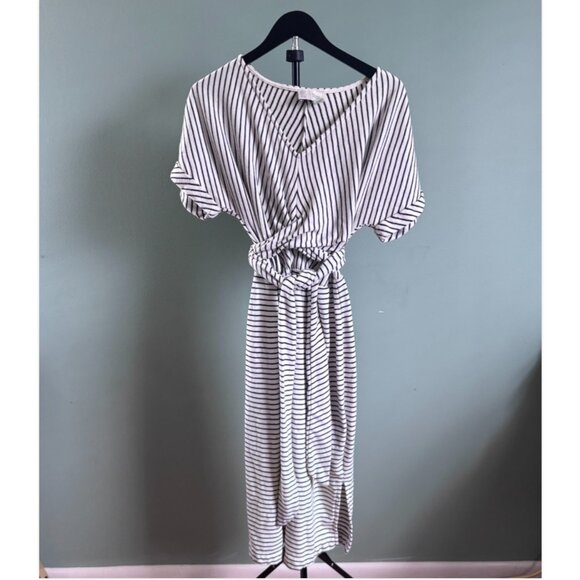 Anthropologie Pazienza Terry Cloth Criss Cross Tie Midi Dress Ivory/ Navy Medium - Picture 2 of 9